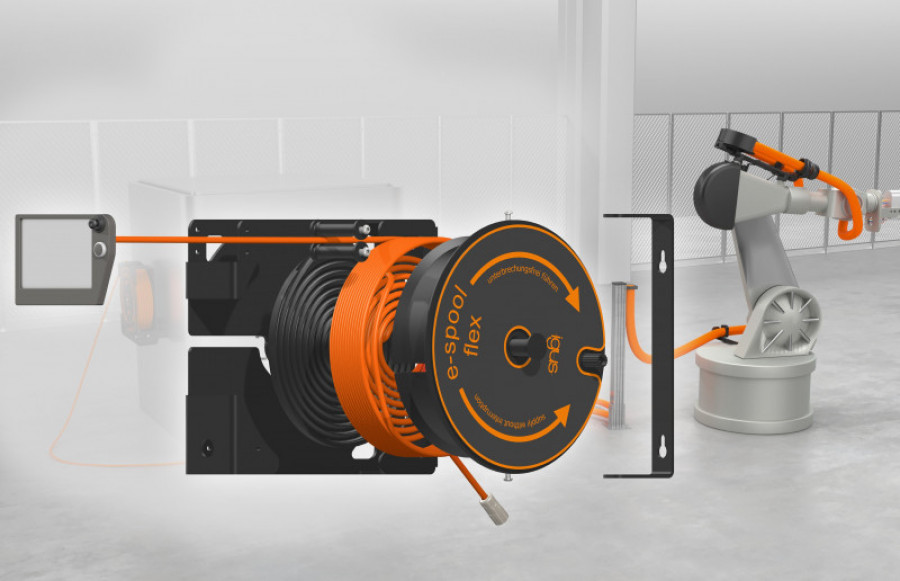 E spool flex igus lanza un enrollador de cable con un guiado en espiral 33210
